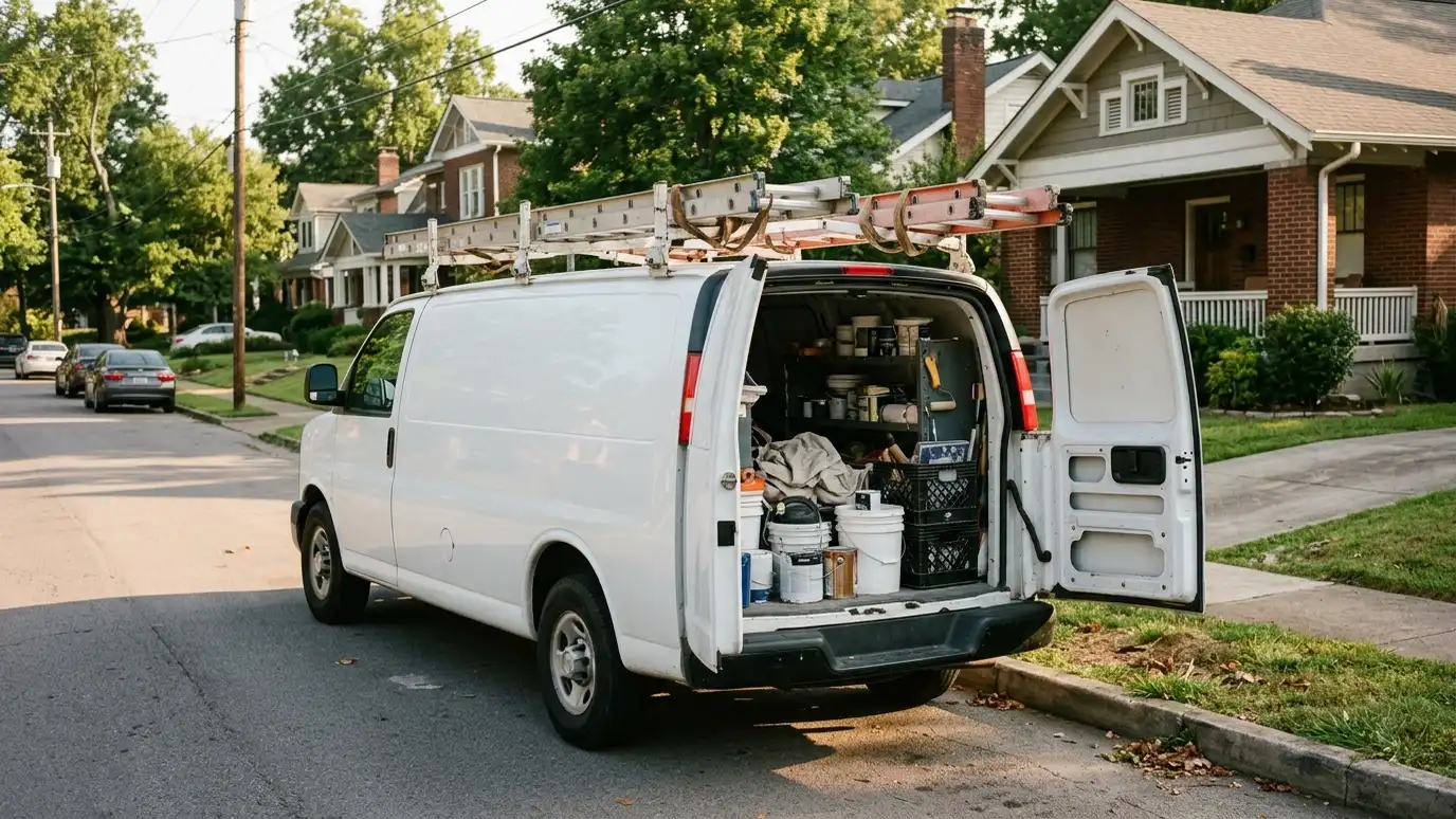 A white contractor van with open rear doors packed with tools and a roof-mounted ladder parked along a quiet, tree-lined residential street