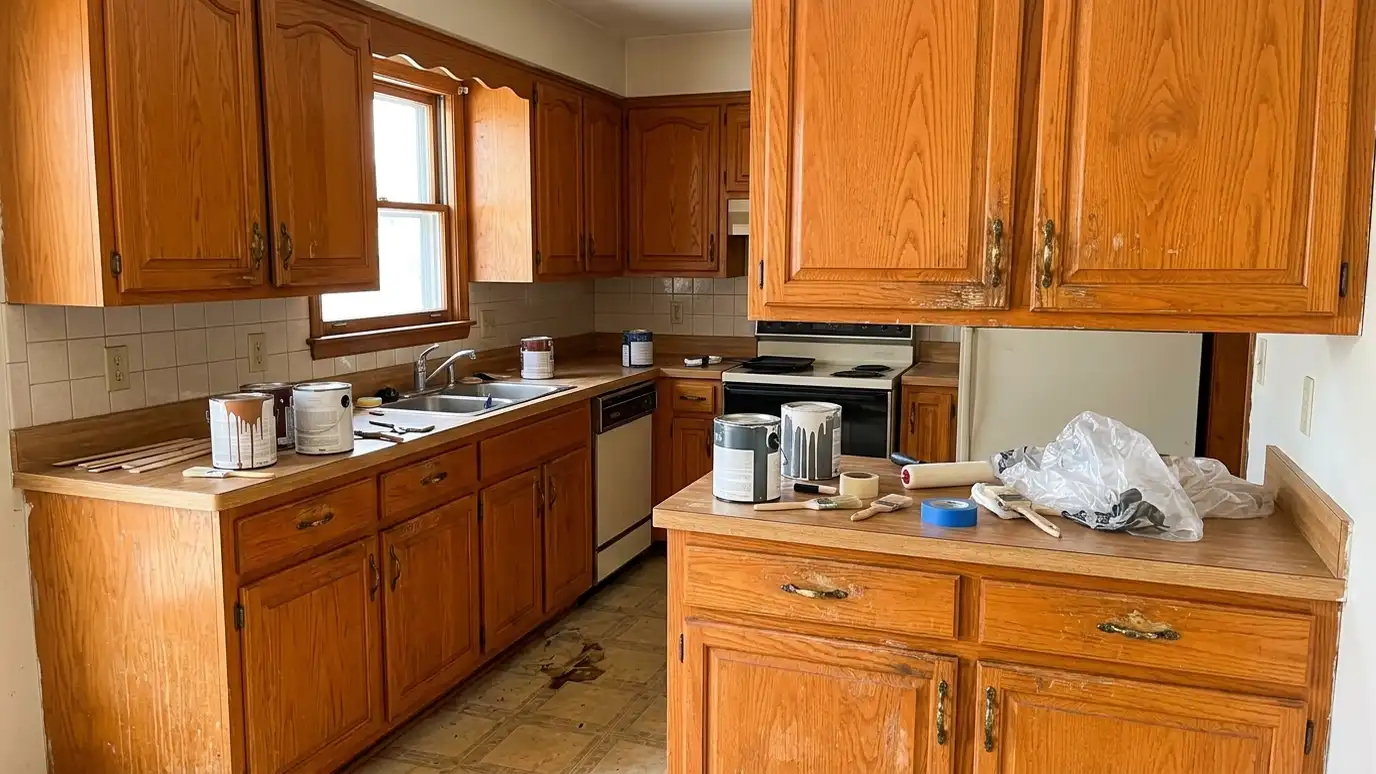 Before: a kitchen with dated, worn wood kitchen cabinets