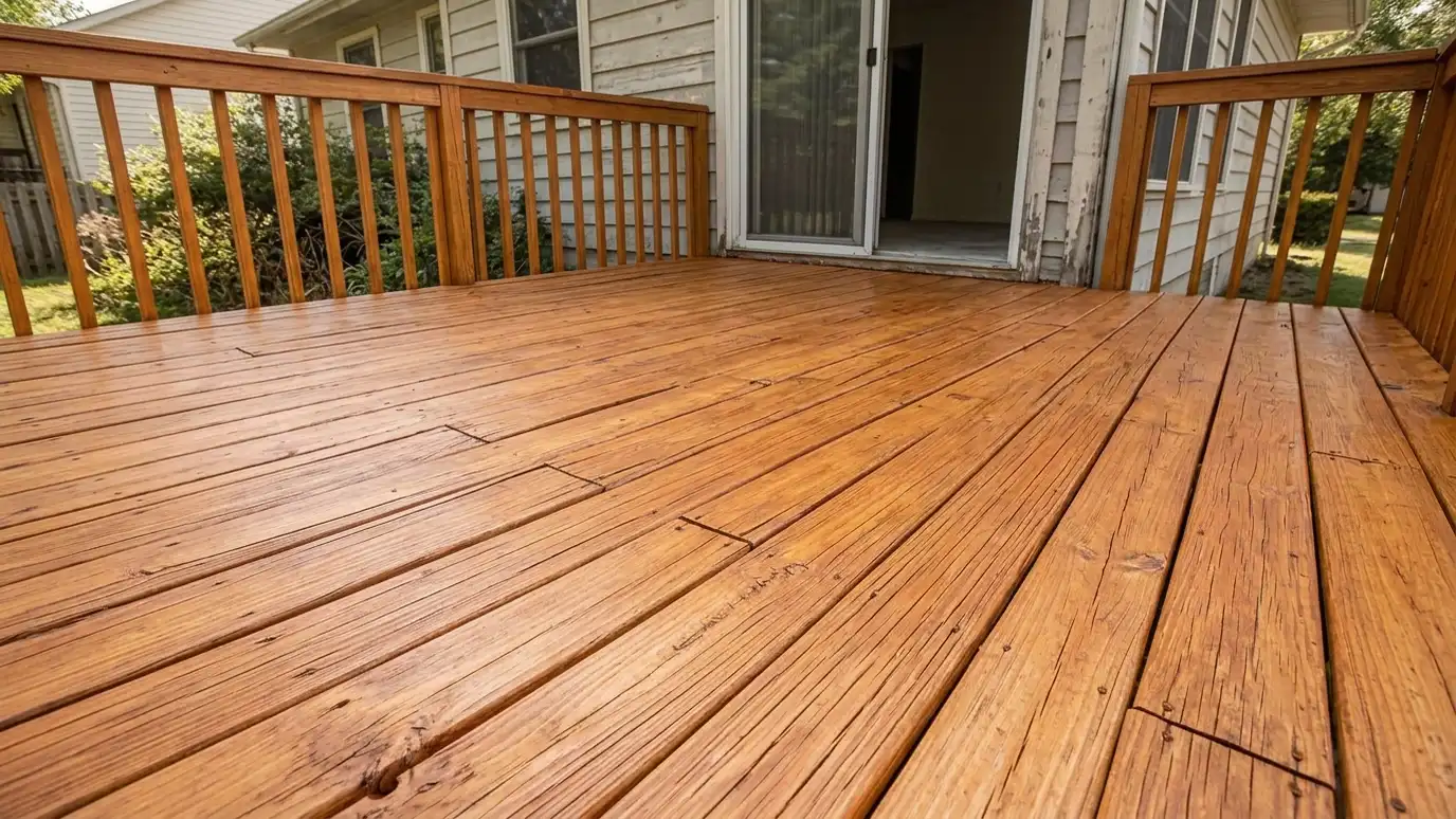 After: a backyard deck with a clean, richly stained and sealed deck