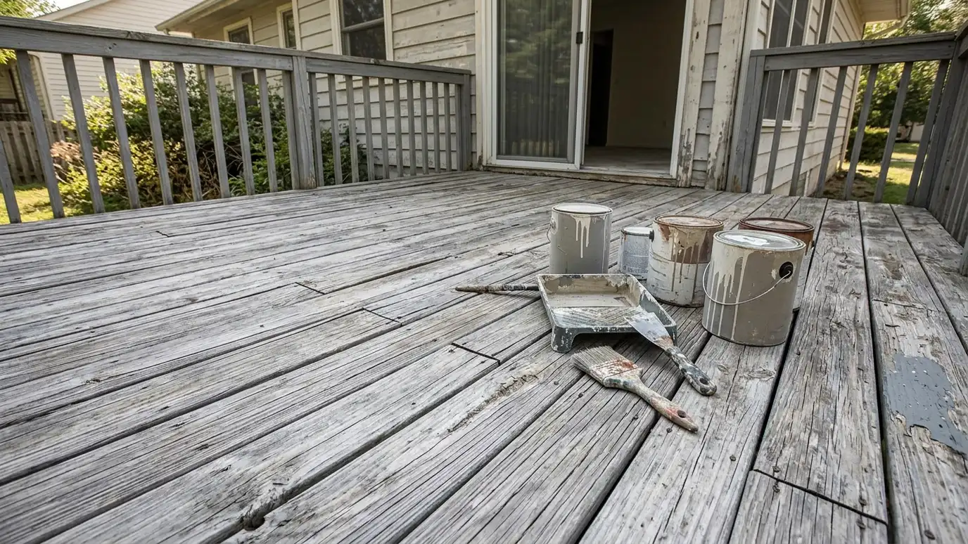 Before: a backyard deck with a gray, weathered wood deck