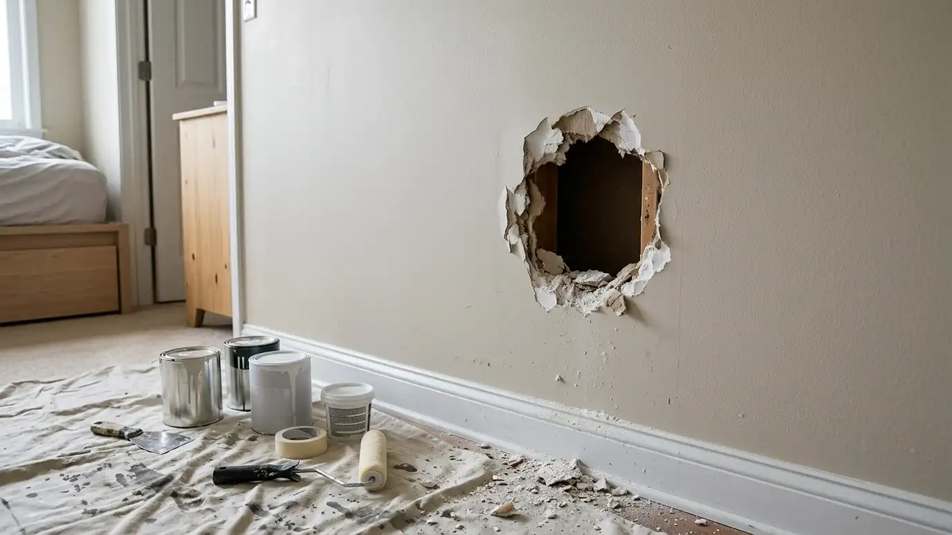 Before: a wall with a wall with a hole and a rough, visible damage