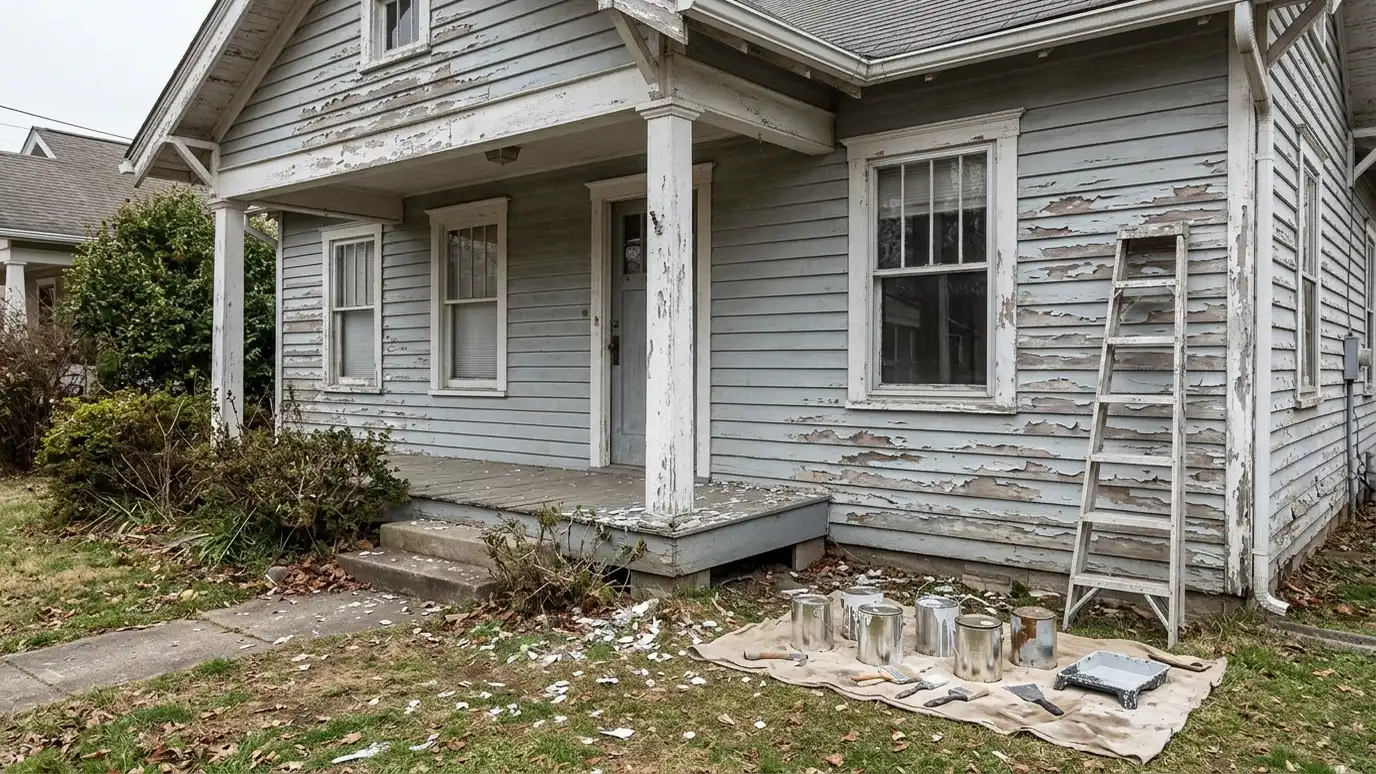 Before: a house exterior with faded, chalky siding with worn trim