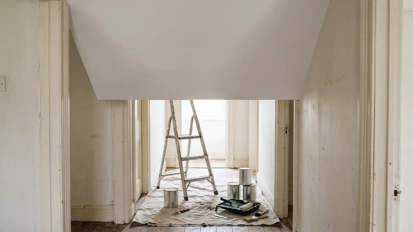 After: a ceiling with a clean, smooth white ceiling with no trace of the stain