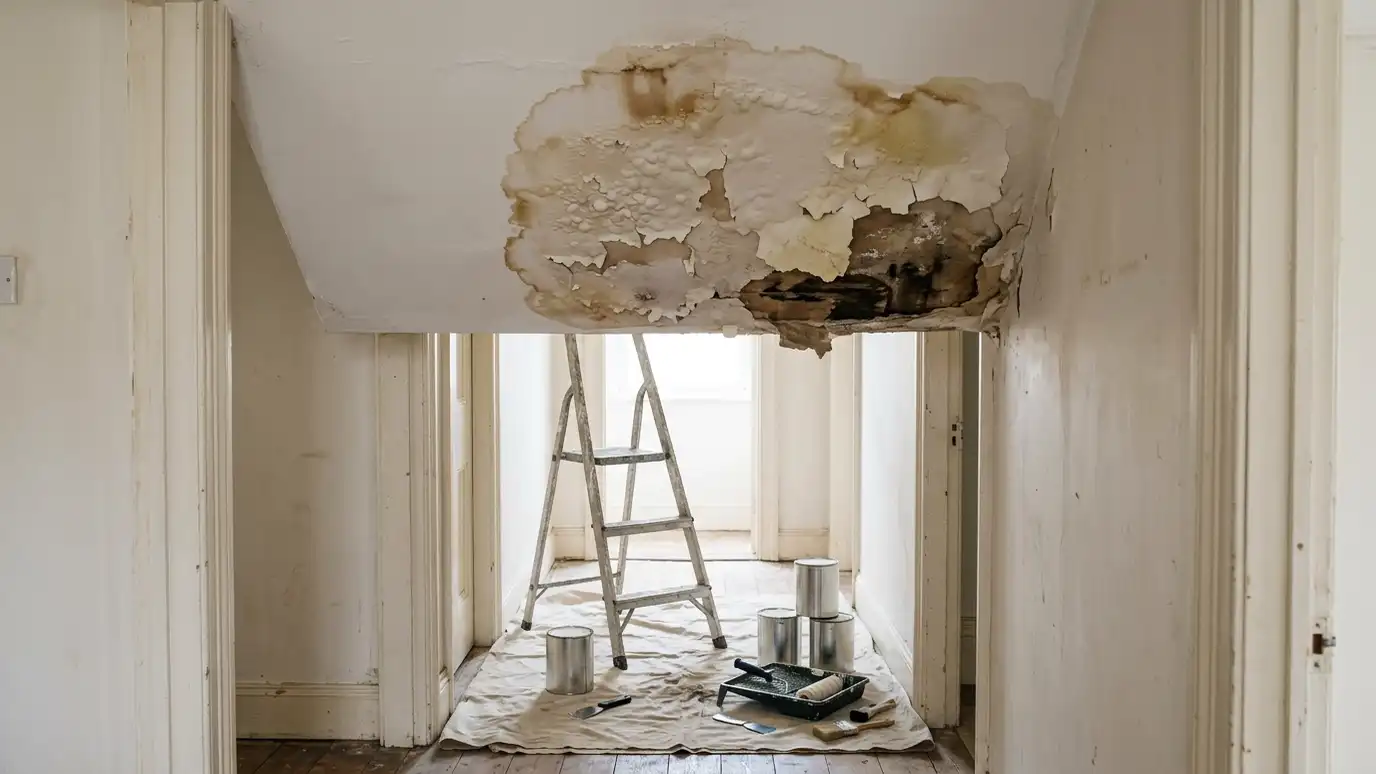 Before: a ceiling with a ceiling with a brown water stain