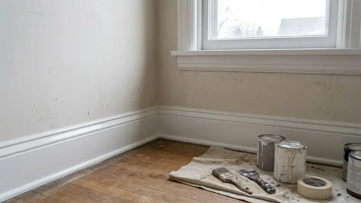 After: Yellowed trim refreshed in crisp white | Music City Paint and Drywall After: a baseboard and trim with crisp, clean white trim with sharp lines