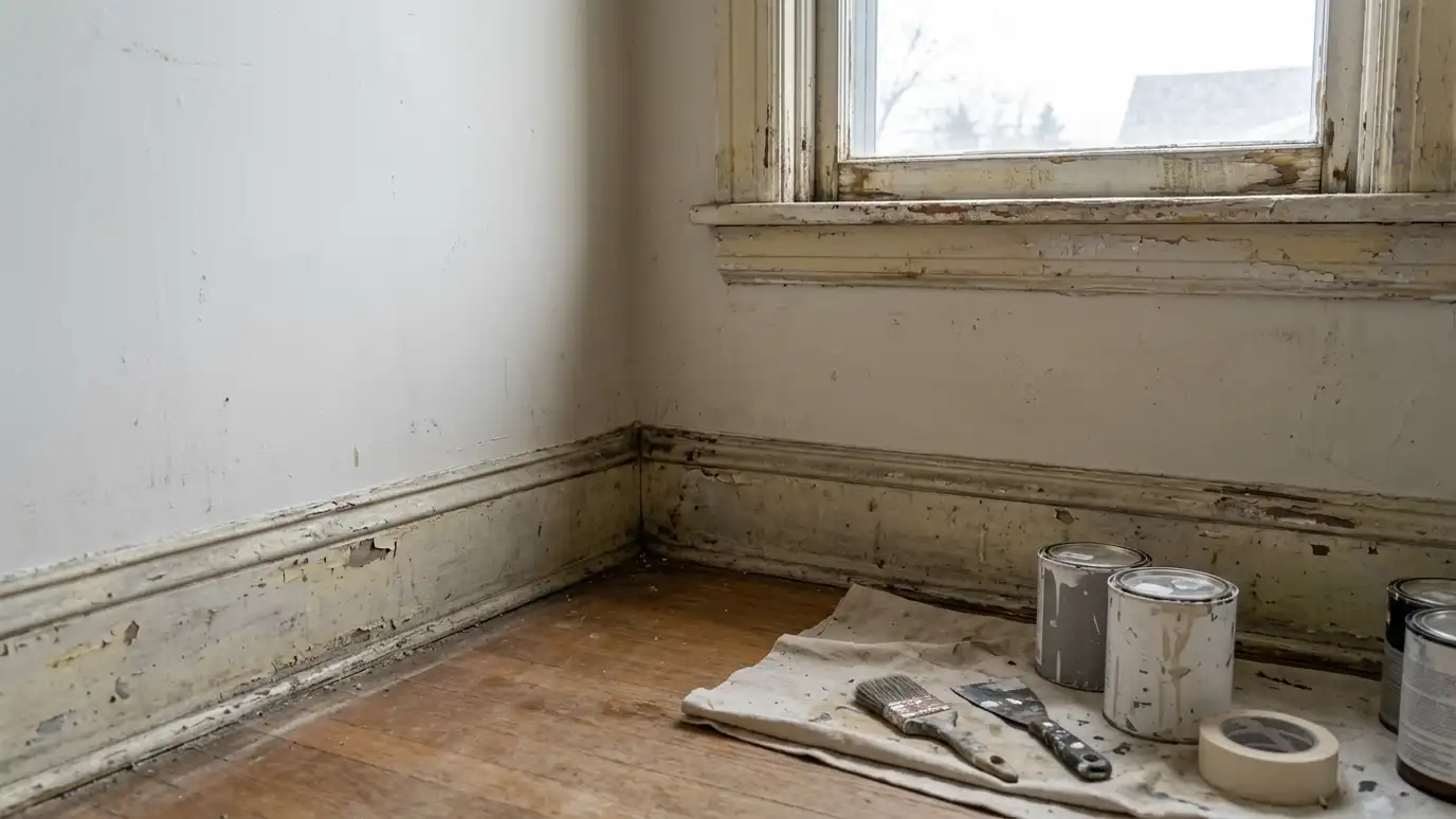 Before: a baseboard and trim with yellowed, scuffed baseboards and trim