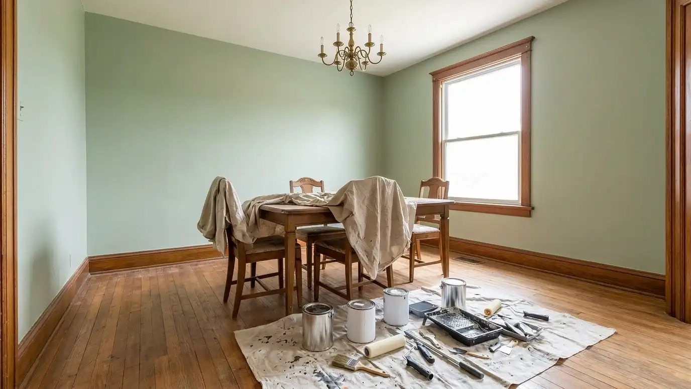 After: a dining room wall with smooth walls painted a clean, modern color
