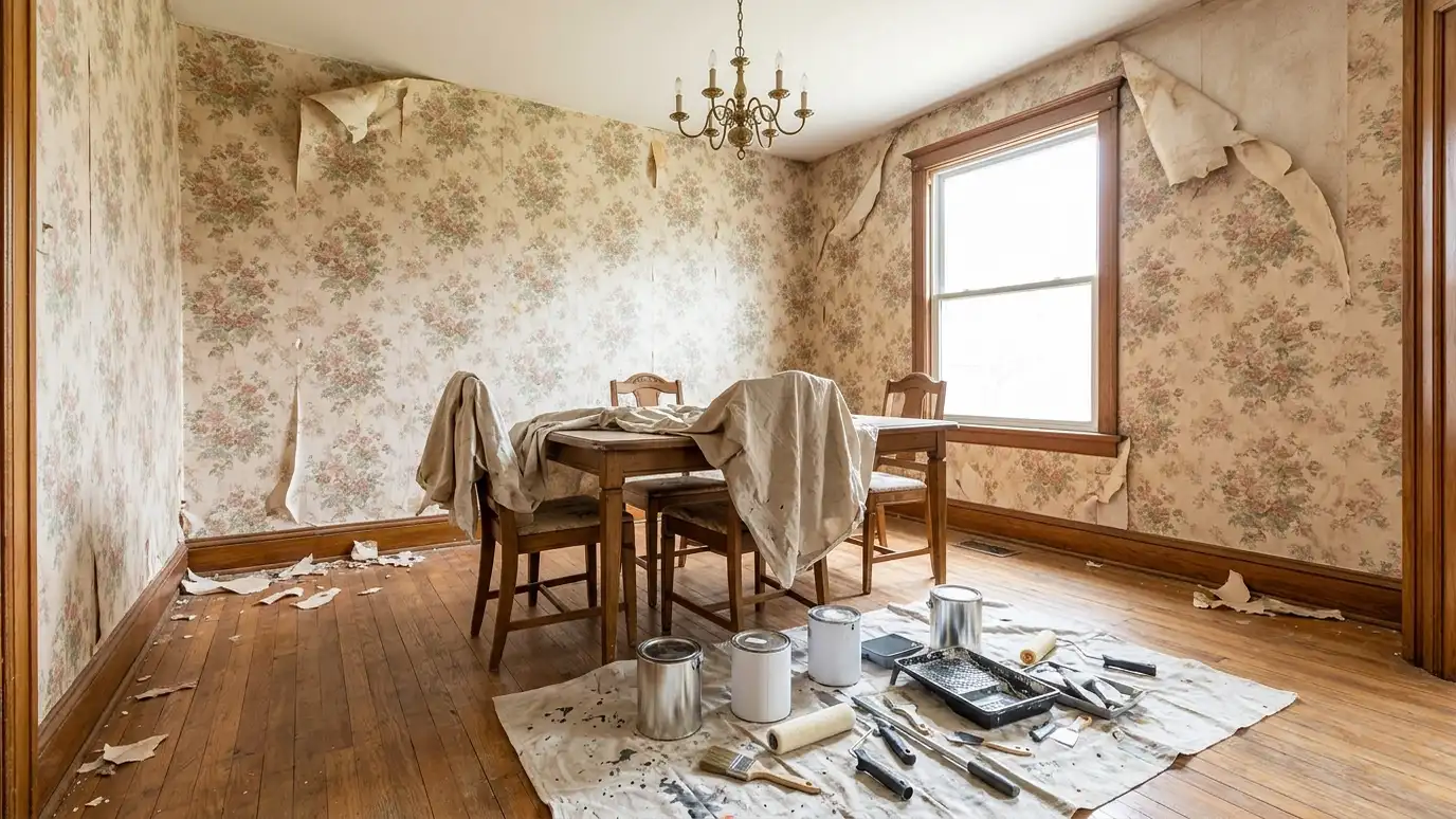 Before: a dining room wall with a wall covered in dated, peeling wallpaper