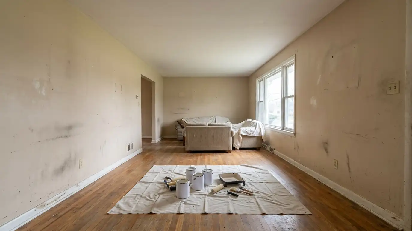 Before: a living room wall with a scuffed, dull wall with marks and a dated color