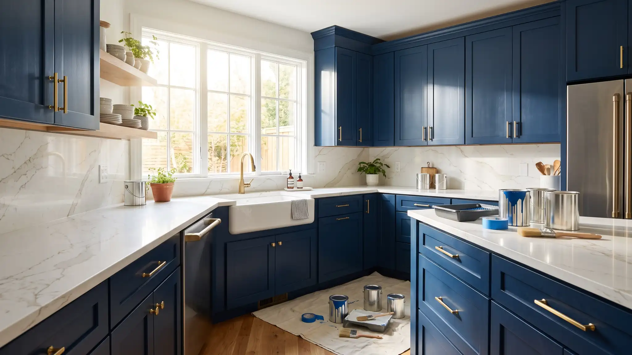 A modern kitchen renovation with deep navy blue cabinets, white marble counters and a farmhouse sink