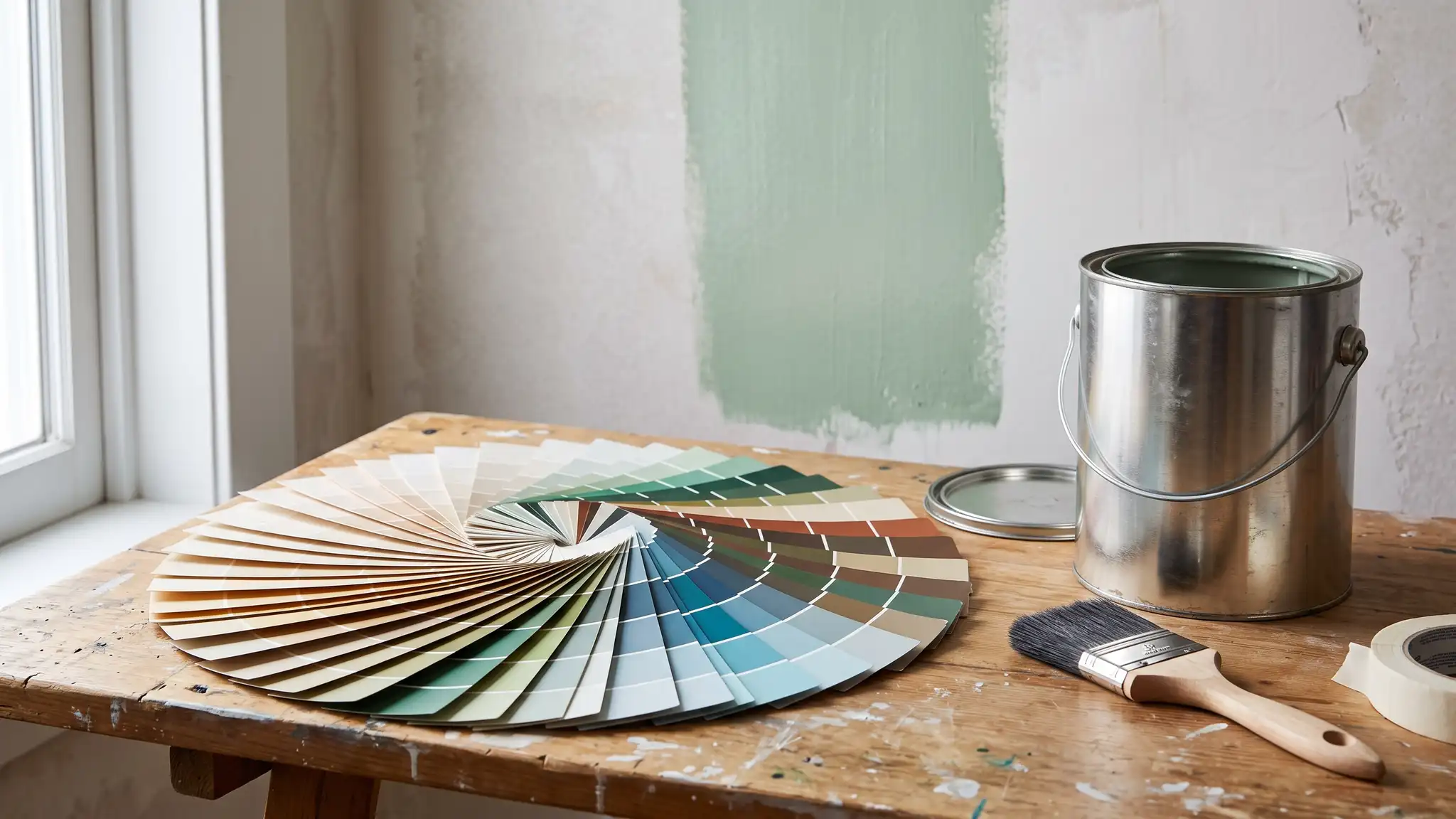 A rustic wooden workbench with a fanned-out paint color palette, a paint can and a brush in front of a pale green test swatch
