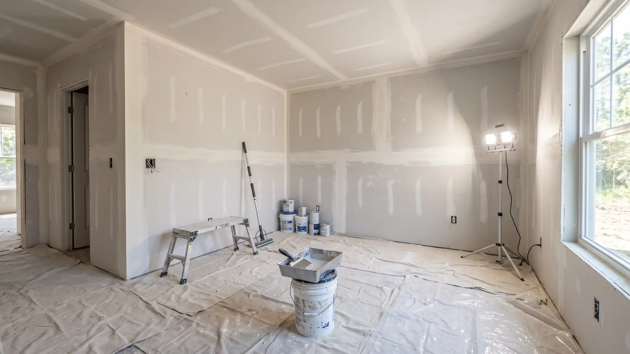 Drywall Installation and Repair | Music City Paint and Drywall An empty room under construction with taped and finished drywall seams, floor protection and a work light