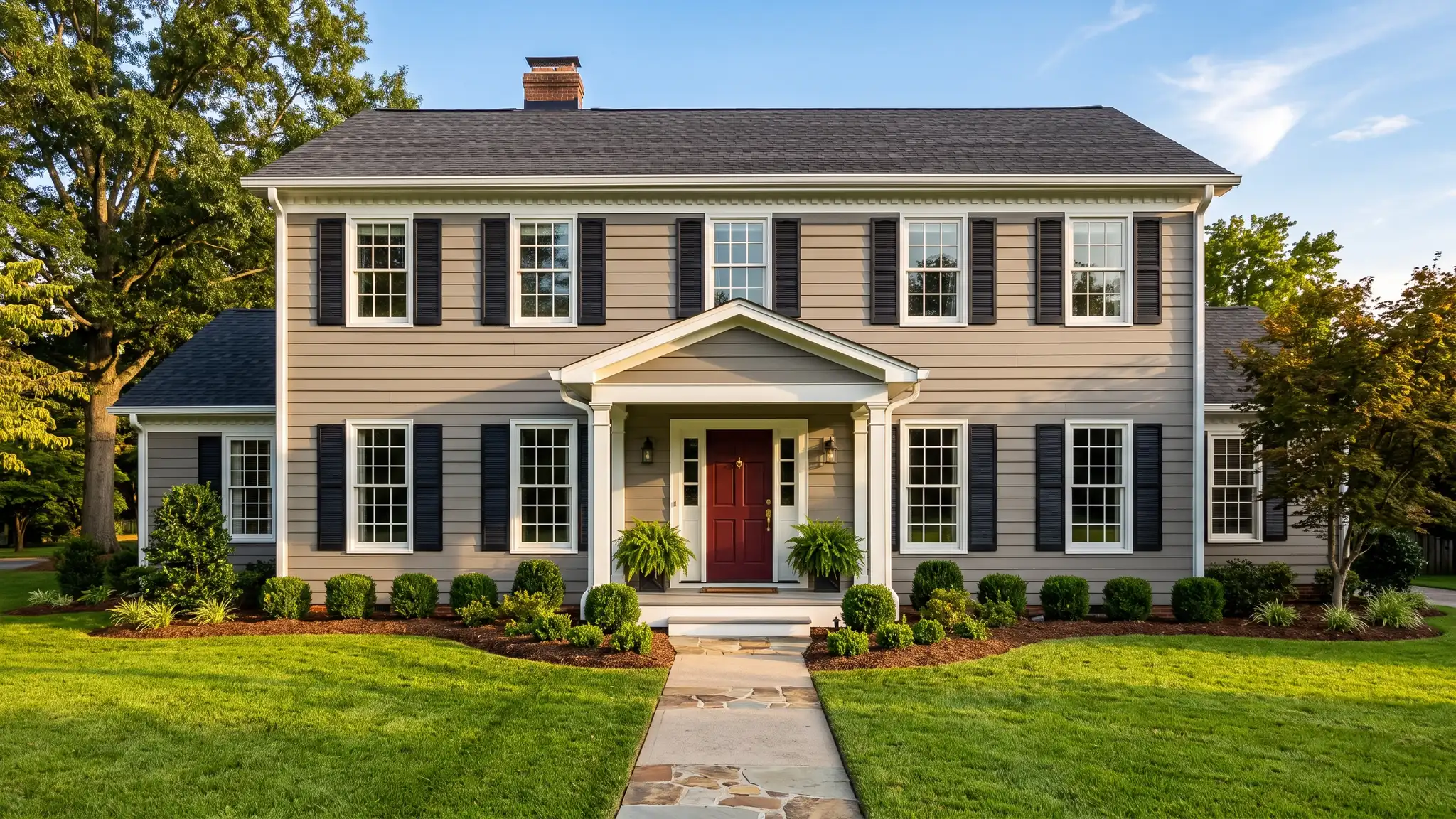 A two-story beige house with dark navy shutters, a red front door, white trim and a manicured green lawn