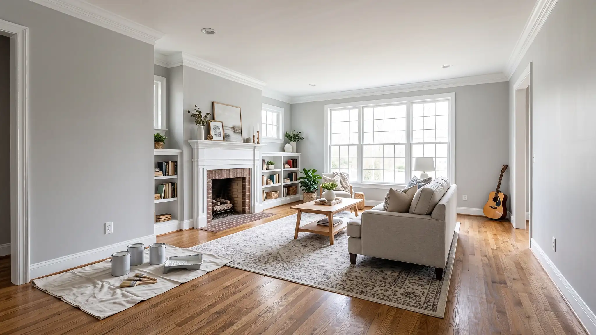 A bright light-gray living room with hardwood floors, an off-white sofa, a fireplace with built-in shelves and paint cans on a drop cloth