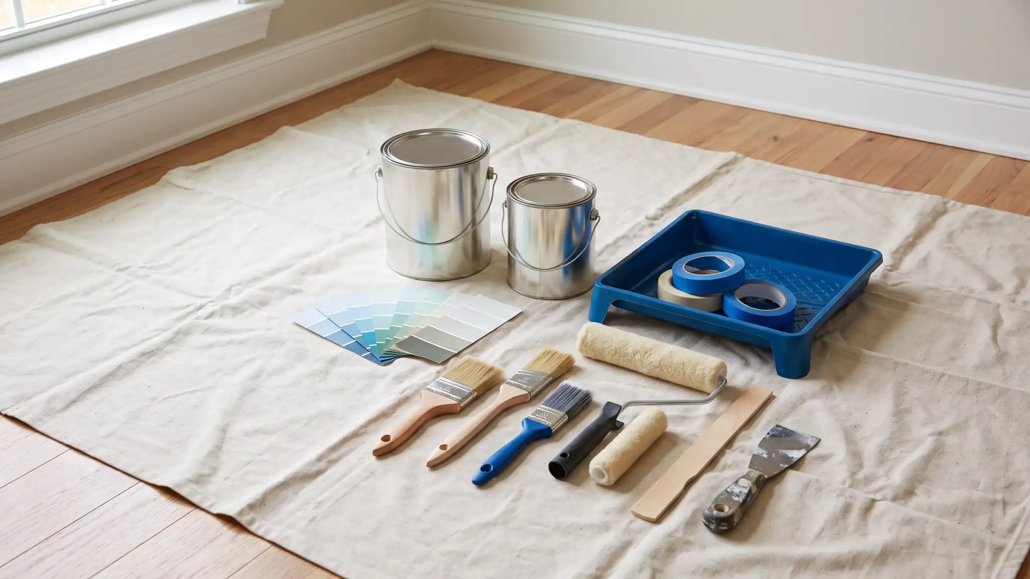 Painting tools including paint cans, brushes, rollers, blue tape and a color swatch fan resting on a canvas drop cloth