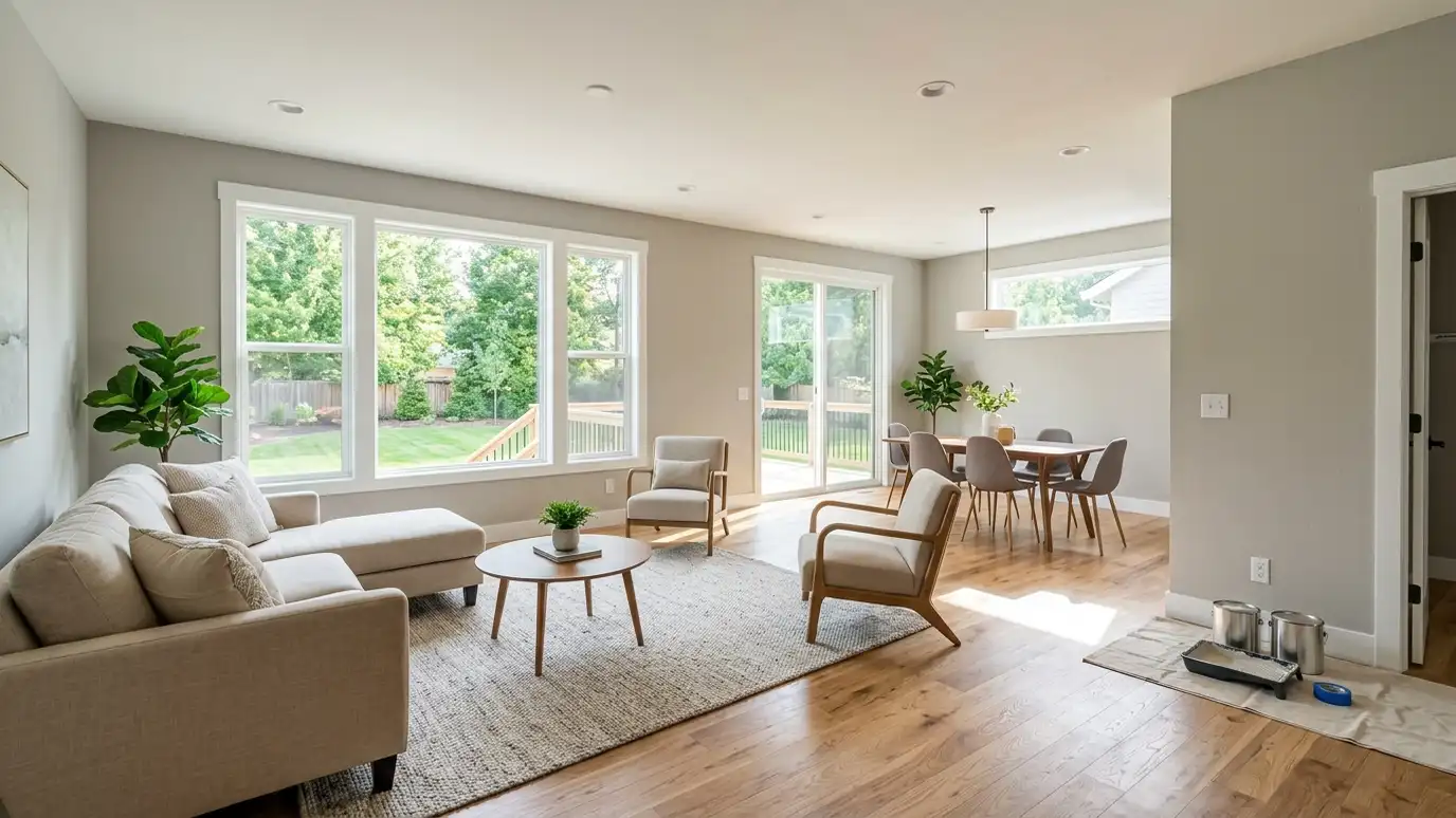 A bright open-concept living and dining area with warm beige walls, a neutral sectional sofa, wood flooring and large windows