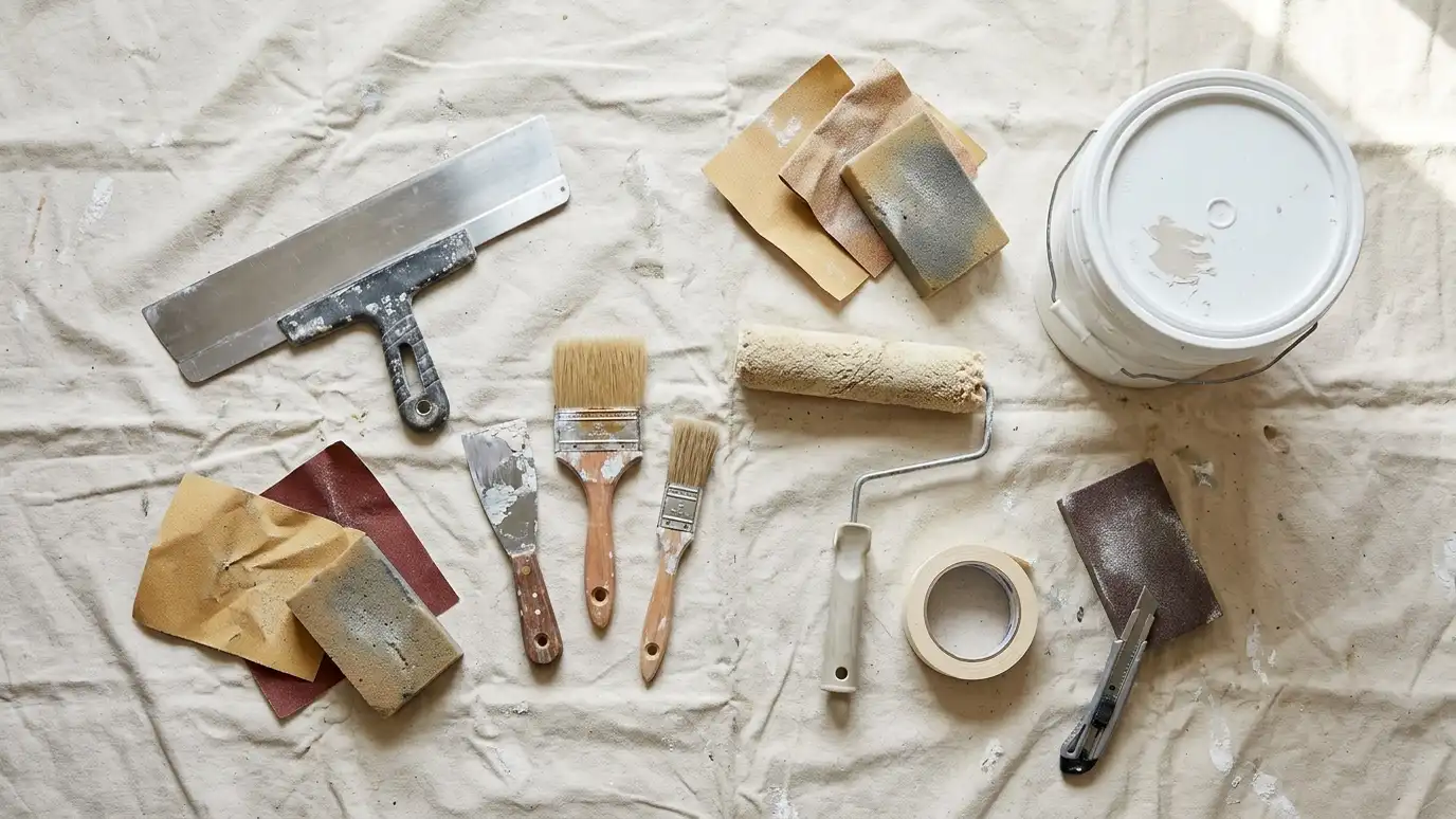 Assorted painting and drywall tools including taping knives, paintbrushes, sandpaper blocks, a roller, tape and a paint bucket on a canvas cloth