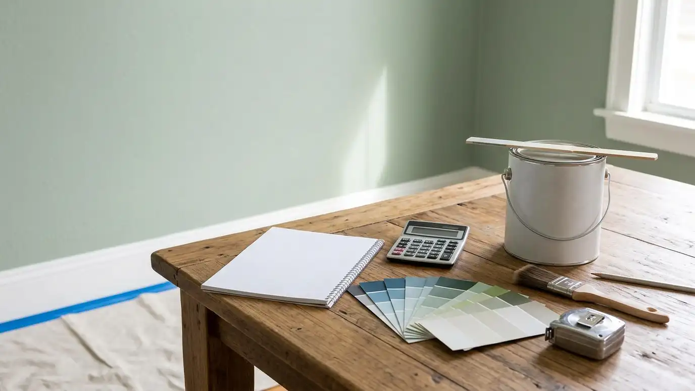 A wooden table with a white paint can, a paintbrush, a calculator, a notebook, a measuring tape and fan deck color swatches