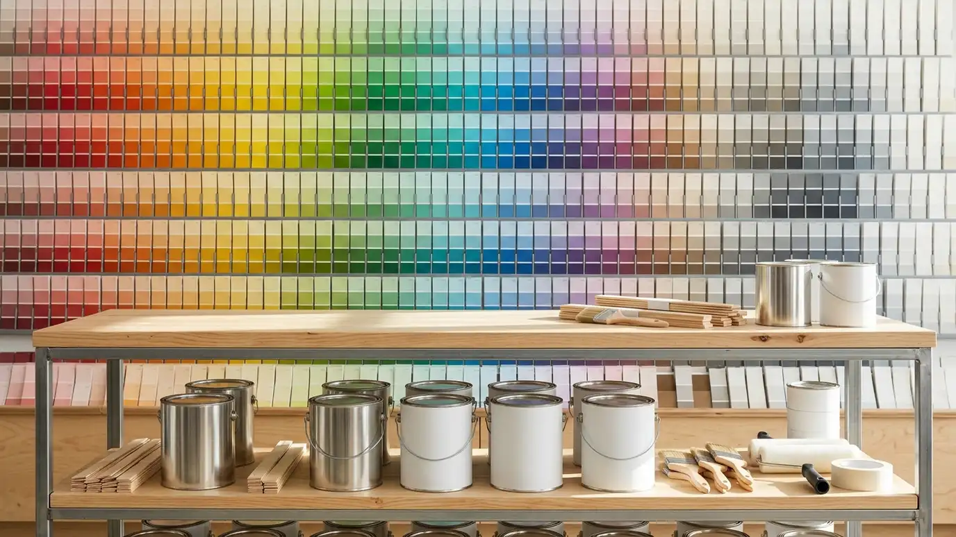 A wooden shelving unit filled with paint cans and brushes in front of a wall display of multicolored paint sample chips