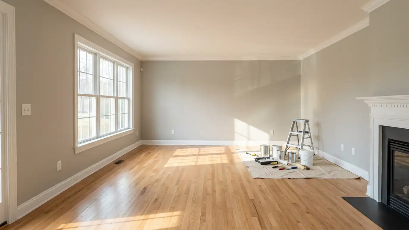 A spacious, brightly lit living room with polished hardwood floors, clean beige walls and a fireplace after painting