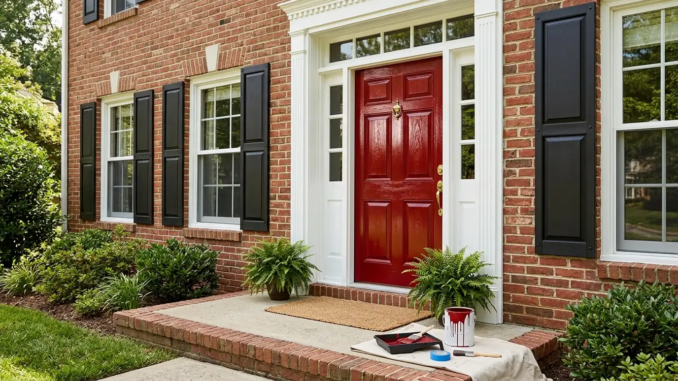 A brick house entrance with a glossy red front door, black shutters and painting supplies on the porch